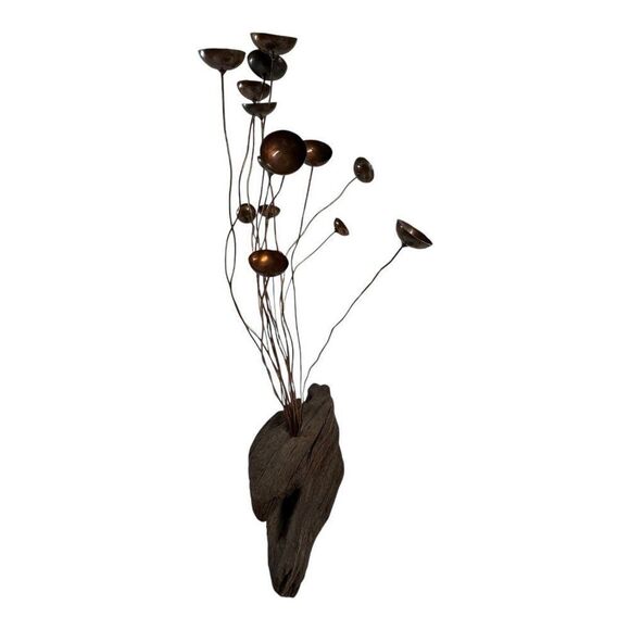 Mid-Century Modern Brutalist Copper & Driftwood Kinetic Mushroom Sculpture Brown - Picture 2 of 12